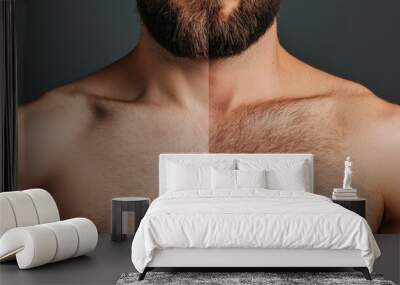 A man's chest demonstrates a dramatic difference between two sides, exhibiting hair growth on one side while the other remains hairless, highlighting the transformation process Wall mural