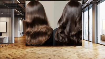 A person's hair is displayed in two stages, highlighting the contrast between the natural texture and the finished smooth, glossy look after styling. The setting is neutral and simple Wall mural