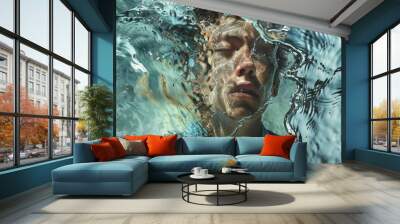 A person floats underwater, eyes closed, surrounded by shimmering water, conveying a sense of calm and introspection Wall mural