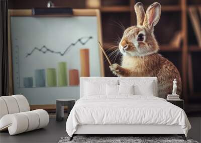 A rabbit stands upright, holding a pointer while presenting colorful charts and graphs in a cozy setting, exuding charm and intelligence Wall mural