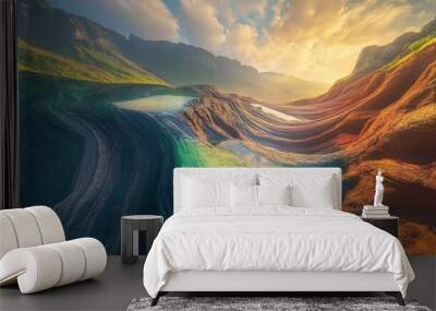 A stunning landscape showcases colorful, wave-like rock formations illuminated by the setting sun in a tranquil valley, emphasizing nature's artistic beauty Wall mural