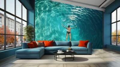 A swimmer elegantly plunges into luminous blue water, sending ripples across the surface while surrounded by a peaceful, sunlit environment Wall mural