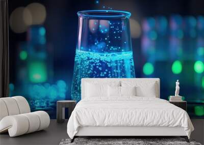 A vibrant chemiluminescent reaction occurs in a glass beaker filled with glowing liquid, creating mesmerizing blue and green colors in a dimly lit laboratory Wall mural