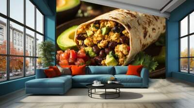 A vibrant vegan breakfast burrito bursts with flavor, featuring a filling of scrambled tofu, black beans, and avocado. Served with fresh salsa and lime, this meal is perfect for a wholesome start Wall mural