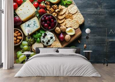 A vibrant vegan cheese platter showcases a variety of gluten-free and lactose-free cheeses, fresh fruits, nuts, and crackers, perfect for a healthy gathering Wall mural