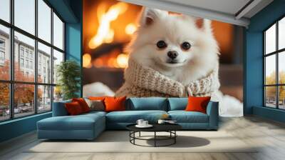 A white Pomeranian wearing a snug winter coat and adorable boots sits comfortably near a glowing fireplace, surrounded by soft snow. The warm ambiance contrasts with the cold outside Wall mural