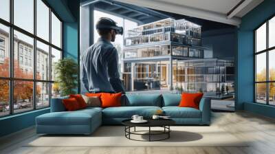 An architect is immersed in a virtual reality headset, engaging with a detailed architectural model inside a contemporary design studio, showcasing innovative ideas and creativity Wall mural