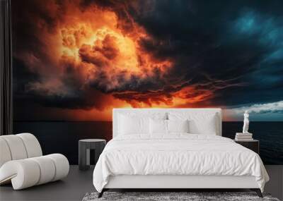 Dark storm clouds gather over the sea as vibrant flashes of lightning illuminate the sky at dusk, showcasing nature's powerful beauty and intensity Wall mural