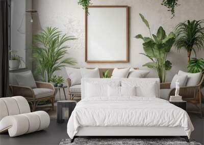 Frame mockup, poster mockup frame on living room wall, poster mockup, interior mockup with house background. Modern soft minimalism and boho interior design. 3D rendering style, apartment Wall mural