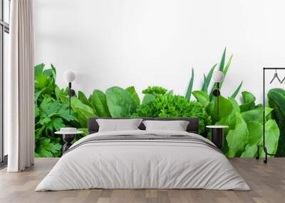 fresh green vegetables and herbs border on white background Wall mural