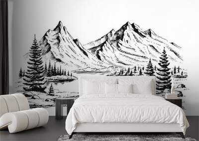 Hand drawn vector nature illustration with mountains and forest on first view. Using for travel and nature background and card Wall mural