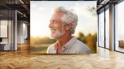 laughing senior man in casual attire enjoying a seaside sunset, concept of retirement bliss and sere Wall mural