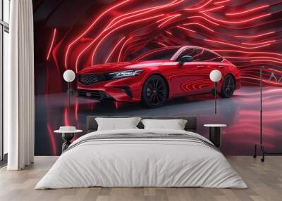 A red sports car stands out against a futuristic backdrop. Dynamic red light trails swirl around it Wall mural