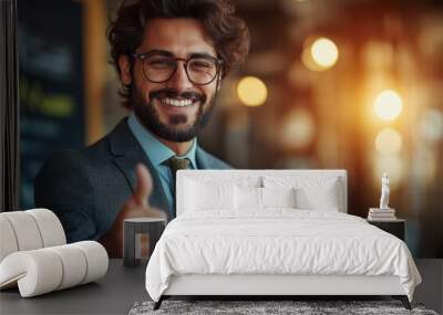 A smiling man in a suit and tie with glasses gives a thumbs up, standing in a warmly lit office Wall mural