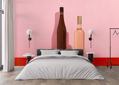 Bottles of wine on red and pink background with deep shadows. Mock up drink with place for you lable and text Wall mural