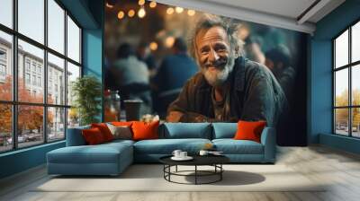 Happy homeless white silver haired old man sitting at a table at a charity dinner in a shelter Wall mural