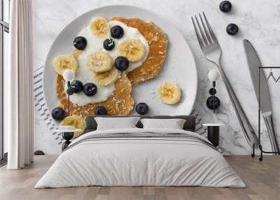 Healthy pancakes with fresh berry, fruits and yogurt. Summer breakfast concept. Wall mural