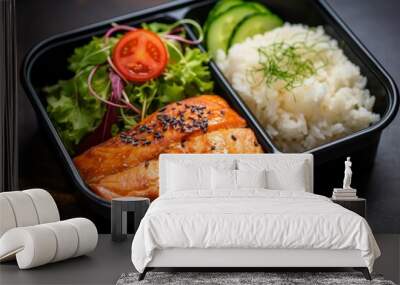 Lunch box container with grilled salmon fish fillet, rice, tomato and salad on wooden table Wall mural