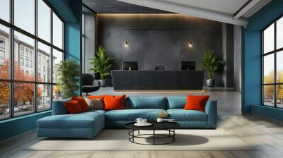 Modern dark themed lobby with subtle lighting, sleek furniture, and vibrant green plants Wall mural