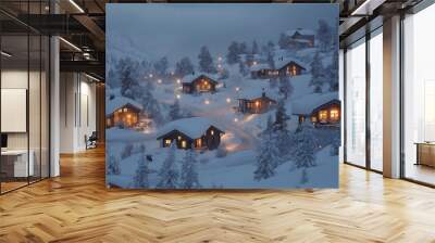 Snowy hilltop cabins glowing softly under a misty winter night sky, surrounded by trees Wall mural