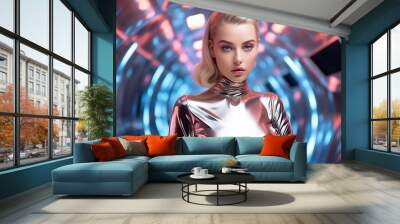 Stylish blonde woman in shiny patent leather dress on the futuristic blue background Wall mural