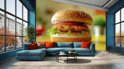 Vibrant McAloo Tikki burger topped with lettuce and cheese, presented on a yellow kitchen table Wall mural