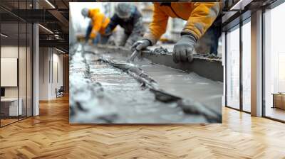 Workers leveling concrete on a construction site, detailed close up Wall mural