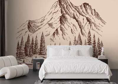 Mountain with pine trees and lake landscape. Hand drawn illustration converted to vector. Wall mural