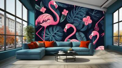 Pink flamingos stand amongst lush tropical leaves, their bright pink feathers contrasting with the deep green foliage Wall mural