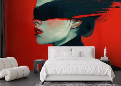 Illustration of a woman wearing a black blindfold against a red background. Blindfolded Woman Illustration on Red Wall mural