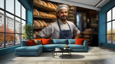 Portrait of a male baker standing confidently in his urban bakery, embodying the spirit of small business success in the city. Wall mural