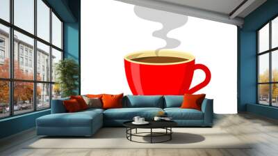 Red cup of coffee or tea. Coffee cup with smoke float up. Vector Illustration. Flat Style. Decorative design for cafeteria, posters, banners, cards Wall mural