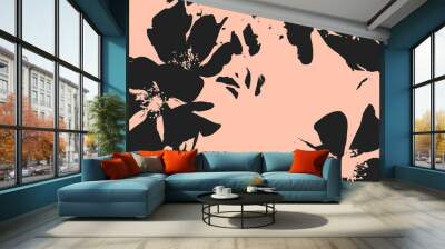 Retro vintage illustration in asian style black flowers on pink background floral natural pattern Wall mural