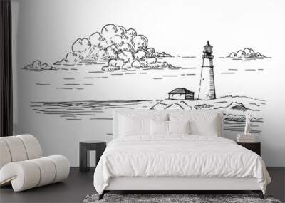 Seascape. Lighthouse. Hand drawn illustration converted to vector. Wall mural