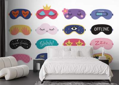 Sleep eye masks set. Collection of funny night accessories for healthy sleeping, travel and recreation. Isolated vector illustrations on white background Wall mural