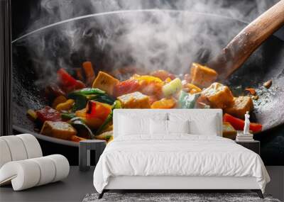 Steam rises as a vibrant mix of tofu and fresh vegetables sizzles in a hot wok, showcasing an appetizing vegan dish made for healthy eating Wall mural