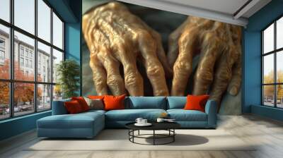 The hands show deep wrinkles and discoloration, illustrating significant aging and a skin condition in a peaceful indoor setting, rheumatoid arthritis, joint and bone diseases, autoimmune diseases Wall mural