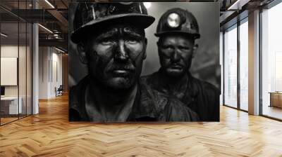 Two coal miners, covered in soot, emerge from a dark mine shaft. Their faces are illuminated by the headlamps on their helmets Wall mural