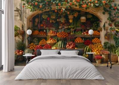 Various fresh ingredients neatly arranged on a kitchen countertop, fruits and vegetables Wall mural