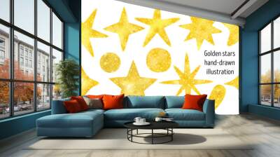 Yellow and gold stars watercolor set.Hand-painted illustration celebration. Abstract texture with glitter stars Wall mural