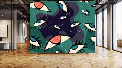 Vector seamless green pattern, surreal style. Cartoon eyes, playfulness and unpredictability, mystery and creativity Wall mural