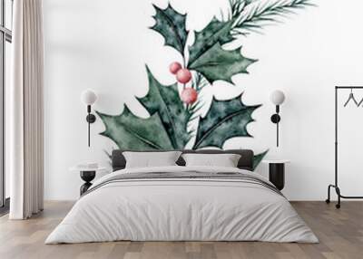 Christmas bouquet of ilex branches with red berries and spruce branch, evergreen tree, fir, cedar. Emerald holly leaves. Botanical Winterberry banner. Hand painted watercolor illustration for wedding Wall mural