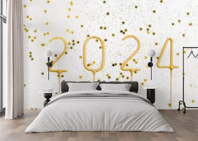 close up of number 2024 and gold glitter on white isolated background. the concept of New Year, Christmas, greetings from business colleagues and invitations to New Year's Eve celebrations Wall mural