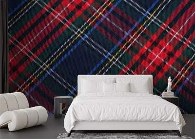 close-up texture tartan scottish style checkered fabric green, red and blue colors tilted. Image for your design Wall mural