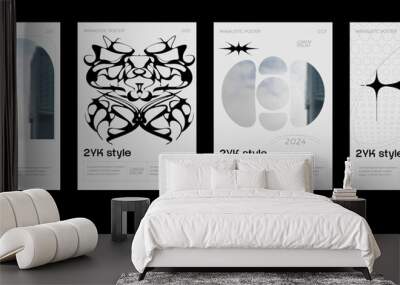 Acid digital graphic design in monochrome style, minimalist posters. Gothic elements for design. 2YK style. Wall mural