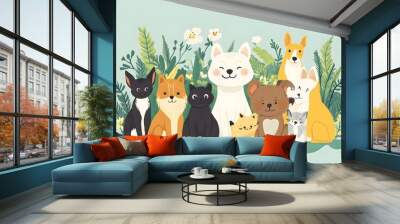 Illustration of pets and wildlife together, celebrating the bond between humans and animals on World Animal Day Wall mural