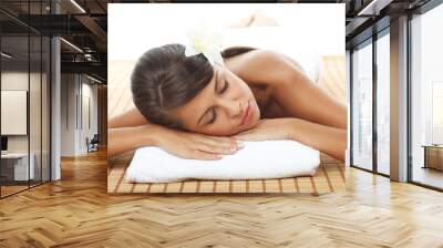 portrait of fresh and beautiful woman laying on bamboo mat Wall mural