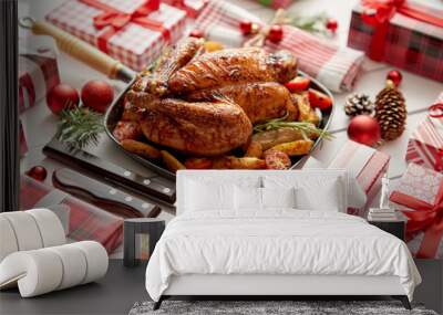 Roasted whole chicken or turkey served in iron pan with Christmas decoration Wall mural