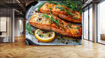 Tasty and fresh cooked salmon fish fillet with lemon and rosemary Wall mural