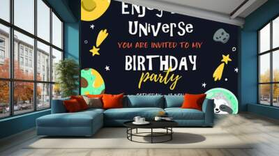 Invitation card template for birthday party with cute baby sloth holding star in the open space among planets, moon, stars, rocket. Adorable animal illustration in the childish style. Vector Wall mural